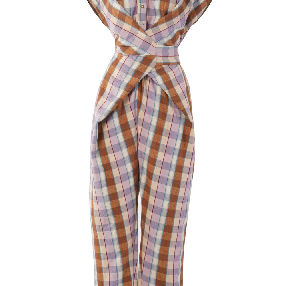 Plaid V-Neck Jumpsuit in Brown & Lavender - Picture 6 of 8